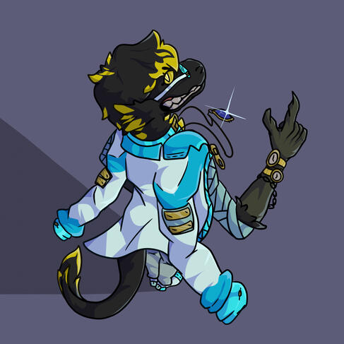 Black furred fluffy dragon with yellow highlights. He is insanely dripped out of his mind with blue bandages on his forearms, gold watches and jewlery. Hanging off of his shoulders is a white and neon-blue jacket.