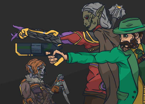 An image of 3 characters. Character 1 is a human pointing a gold lined revolver to the left. He has green eyes, and a scruffy brown beard. He is dressed in green formal wear and a green fedora with a yellow undershirt. Character 2 is a Yuan-Ti Pureblood ma