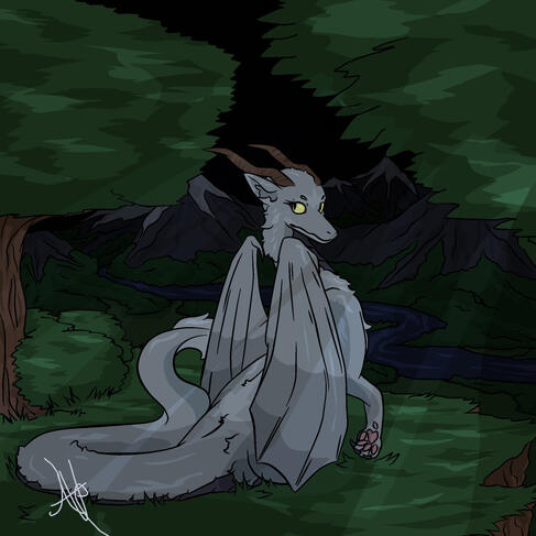White fluffy dragon with beaming yellow eyes, with her back towards the viewer but turning her neck and head around to look off into some random direction towards the viewer. She is sitting among the trees on a large cliff overlooking a beautiful lush for